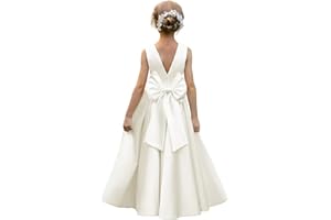 HEWEGO Satin Flower Girl Dresses for Wedding Floor Length Backless Princess Pageant Dress with Bow Pearls Proms Ball Gowns