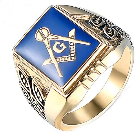 Wibbosad Fashion Vintage AG Logo Masonic Freemason Blue Oil Gold Stainless Steel Rings Mens