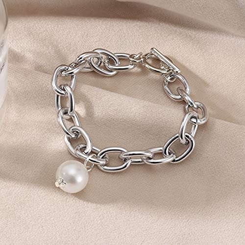 CHANBO 2 Pairs Silver Pearl Bracelet for Women\'s Girl, Pearl Pendant Jewelry Bracelet Silver Chain Beaded Women\'s Bracelet