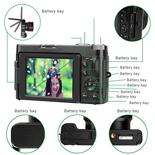 Digital Camera Vlogging Camera, KENUO FHD 1080p Video Camera with Wide Angle Lens MAX 24.0MP 3.0 Inch 180°Rotation Flip Screen 16X Digital Zoom Camera