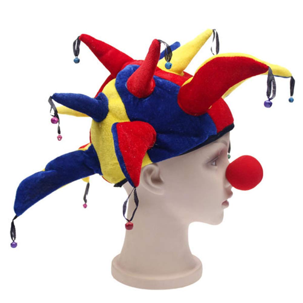 Qchomee Clown Hat Jester Cap Halloween Costume Cosplay Party Funny 13 Bells Multicolor Hats with Clown Nose Circus Costume Props for Adults Carnival Christmas Fancy Dress Mardi Gras Party Supplies
