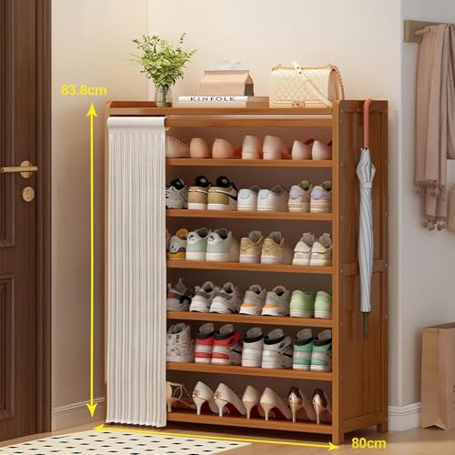 6 Tier Shoe Storage Cabinet Freestanding Wooden Shoe Rack with Dustproof Cover Organizer Bamboo Multi-Function Storage Shelf, Wood-Made Home House Office Furniture, Boots Stand/For Entryway