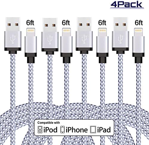 Lightning Cable, Bangcord iPhone Charger 4Pack 6FT 8 pin Premium Nylon Braided Charging Cord Compatible with iPhone 7/7 Plus/6/6s/6 plus/6s plus/se, 5/5s/5c,iPad, iPod &amp; More (White)