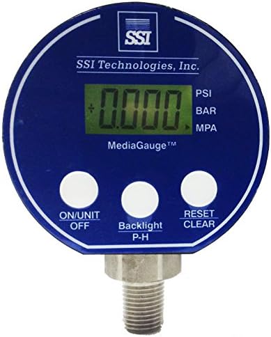 SSI TECHNOLOGIES MG-9V Series Media Gauge Digital Pressure Gauge Sensor with LCD Display, 5psig Operating Pressure, 9V, 1% Accuracy, 1/4-18 NPT Male Process Connector Type