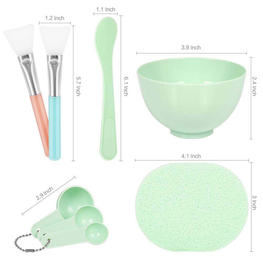 Face Mask Mixing Bowl Set, Teenitor DIY Facemask Mixing Tool Kit with Silicon Face Mask Brush Facial Mask Bowl Stick Spatula Gauges Puff, Pack of 8, Green : Beauty
