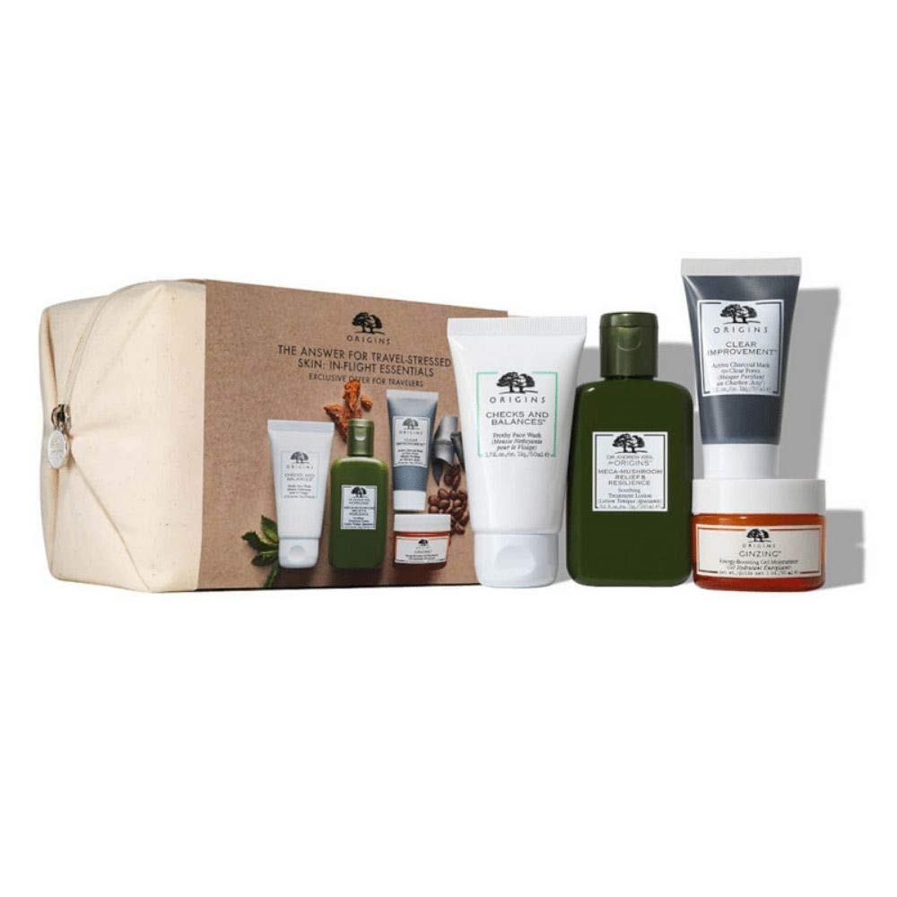 Origins The Answer For Travel-Stressed Skin In-Flight Essentials Gift Set Skin Care Essentially Gentle Face Wash Active Charcoal Facial Mega Mushroom Resilient Lotion Oil-Free Gel Moisturiser
