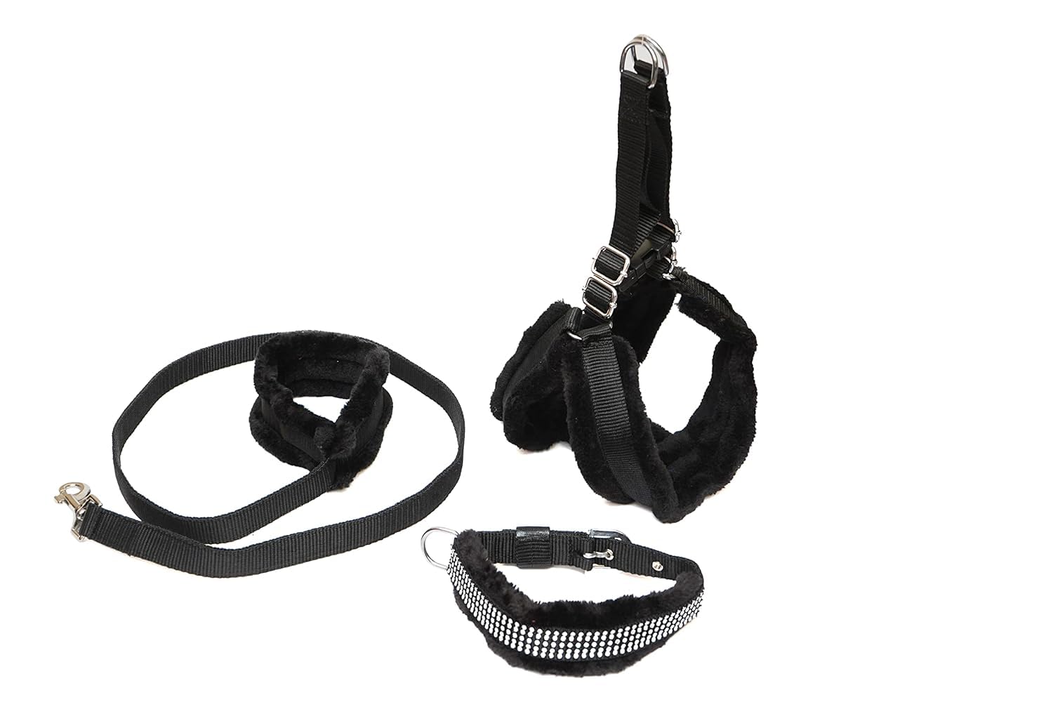 MJ Vision Nylon Fur Dog Harness, Dog Collar & Leash । Dog Belt Combo of 1" inch Black Feather Padded Dog Collar with Dog Leash Soft Handle Feather Padded Dog Collar & Leash - Black