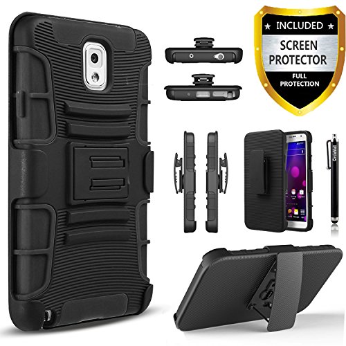 Galaxy Note 3 Case, Combo Shell Cover Kickstand with Built-in Holster Locking Belt Clip+Circle(TM)Touch Screen Pen And Screen Protector-Black