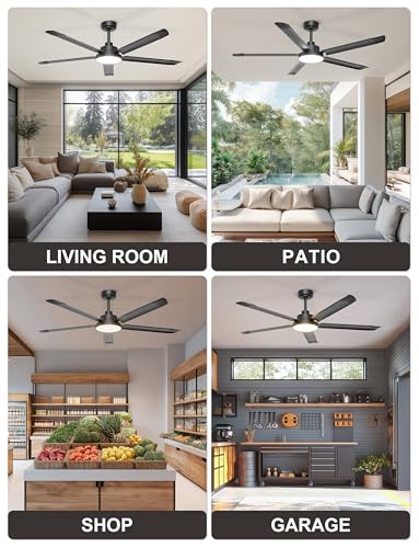 Ohniyou 60 Inch Ceiling Fan with Light, Industrial Ceiling Fans with Remote Control/App, 5 Blades Aluminium, Silent DC Motor, Outdoor Terrace Fan Garage, Black