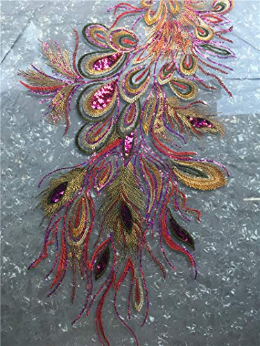 Phoenix Feather DIY Patch Sequin Embroidery Applique Peacock Patches Fabric for Classic Evening Dress Chinese Qipao 36x63cm (Purple)