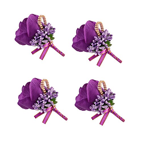 YSUCAU Rose Boutonniere Handmade Corsage Classic Artificial Groom Flowers Brooch with Pin for Wedding Prom Party (Dark Purple)