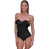 DKNY Womens Pin-up Ruffle Bandeau One Piece Swimsuit with Tummy Control