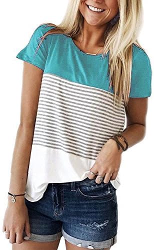Lifenee1 Women Short Sleeve Round Neck Triple Color Block Stripe T-Shirt Casual Blouse Green M