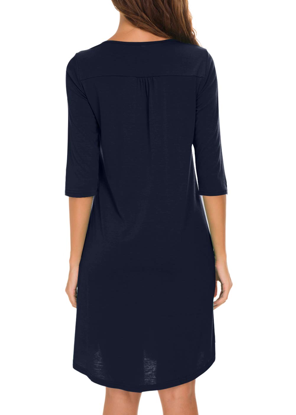AMCLOS Womens V Neck Dress Casual Swing Simple Ruffle Button up Loose Dresses 3/4 Sleeve Long Sleeve (Medium, Long-Navy Blue)