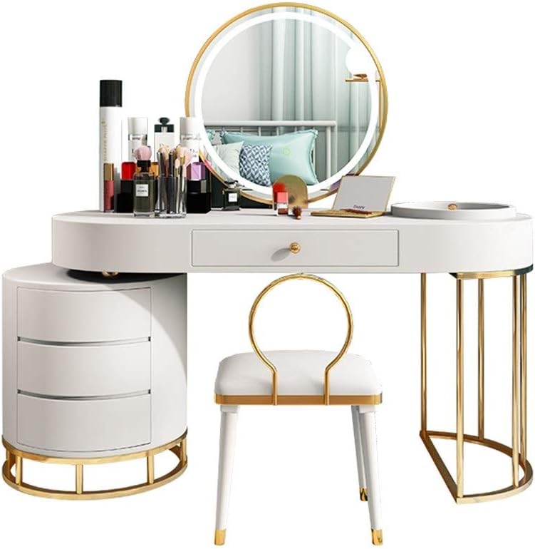 LGUUGG 4 Drawers Vanity Table Set With Mirror And Cushioned Stool Makeup Dressing Table Organizer Bedroom, White