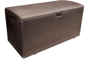 Plastic Development Group 105 Gallon Weatherproof Large Double Wall Plastic Outdoor Patio Storage Deck Box with Soft Close Lid, Java Brown