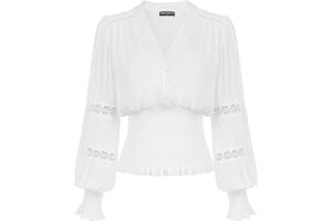 Scarlet Darkness Women's Renaissance Peasant Blouse V Neck Lantern Sleeve Lace Smocked Tops