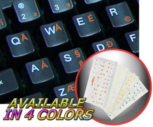 ENGLISH US INTERNATIONAL KEYBOARD STICKERS WITH ORANGE LETTERING ON TRANSPARENT BACKGROUND