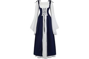 Lehauya Womens Renaissance Costume Medieval Irish Over Dress and Trumpet Sleeves Chemise Boho Set