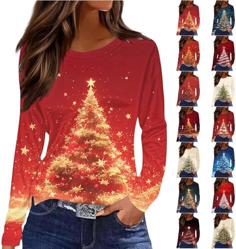 Angxiwan Ladies Christmas Jumpers Christmas Tops for Women UK Casual V-Neck Tunic Shirts Sparkly Xmas Tree Print Long Sleeve Blouse Plus Size Holiday Clothes Pullover Jumper elk Tops