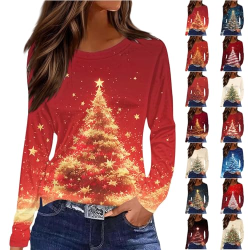 Angxiwan Ladies Christmas Jumpers Christmas Tops for Women UK Casual V-Neck Tunic Shirts Sparkly Xmas Tree Print Long Sleeve Blouse Plus Size Holiday Clothes Pullover Jumper elk Tops