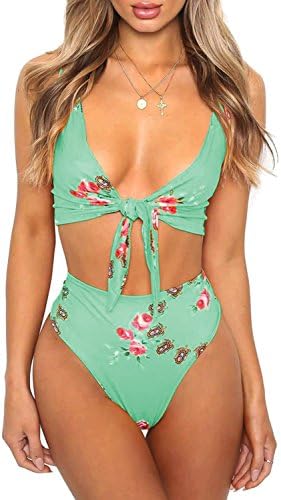 Bikinx Women's Tie Knot Front Floral Bikini Sets High Waisted Padded Swimsuits