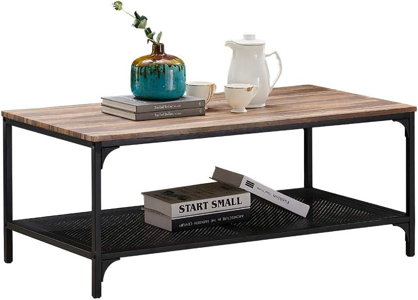 HOMYSHOPY Industrial Coffee Table, Rectangular Cocktail Table with Metal Storage Shelf for Living Room, Vintage Brown