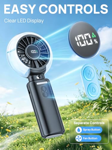 Portable Mini Misting Fan - 100 Speeds Small USB Rechargeable Fan, 6000 mAh 3-in-1 Folding Pocket Fan for Hand, Desk or Neck with LED Display, for Outdoor, Travel, Office (Black)