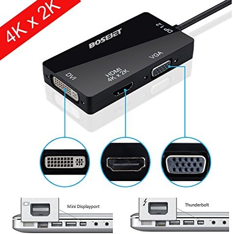 BOSJETT [DP 1.2 Version] Super 4K*2K Primium Mini Displayport DP Thunderbolt Male to DVI VGA HDMI Female TV AV Video HDTV Adapter Cable 3 In1 for Mac, Macbook, Macbook Pro, Macbook Air, iMac, Surface Pro 1 2 3, Lenovo Thinkpad X1 Carbon, X230/240s - Black