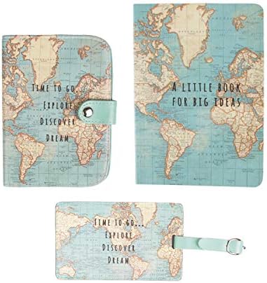 Katonia House Vintage Map Passport Holder, Luggage Tag, Pocket Notebook, Sass and Belle Bundle (3 Items)