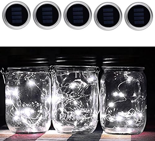 5 Pack Solar Mason Jar Lights 10 LED Cool White Fairy Hanging Lighting String Lids Insert Fit for Regular Mason Jars for Christmas Holiday Party Wedding Garden Patio Path Outdoor Lamp Decoration