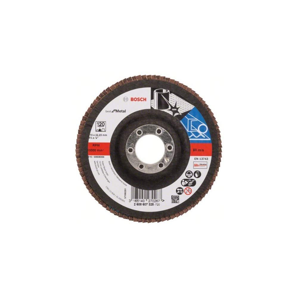 Bosch 1x PRO Metal X571 Flap Disc Straight Version Fiber for Small Angle Grinders (for Steel, Stainless steel, Ø 115 mm, Grit 120, Professional Accessory Small Angle Grinder)