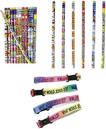 36pce. Religious"Jesus Loves Me" Favors - 24 Pencils & 12 WWJD Clasp Bracelets - CLASSROOM Rewards TEACHER VBS Education GOD -