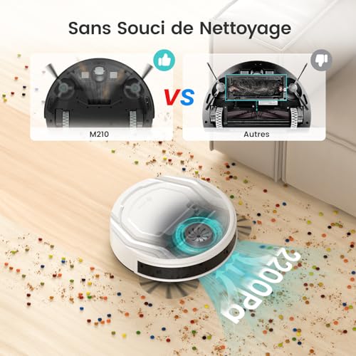 M210 Aspirateur Robot, Robot Aspirateur Autonomie Mince Silencieux, Connecté avec WiFi/Alexa/App, 3 Modes d'aspirations, Programmable, Idéal pour Les Poils d'animaux Tapis Sols Durs, Blanc
