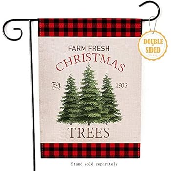 Hzppyz Farm Fresh Christmas Trees Garden Flag, Home Decorative Xmas Outdoor Flag Sign Buffalo Check Plaid, Rustic Burlap Farmhouse Yard Flag Vintage Winter Outside Decoration Home Decor Flag 12 x 18