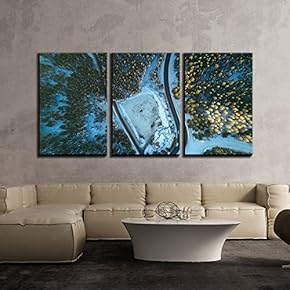 3 Piece Canvas Wall Art - Wonderful Winter Scenery,Eagle Eye View of Roads in Forest - Modern Home Art Stretched and Framed Ready to Hang - 16"x24"x3 Panels