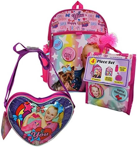 Mozlly Value Pack - JoJo Siwa Heart Shaped Crossbody Purse and Pink Backpack Set with Lunch Box, Water Bottle and Pom Pom - Girls Back to School Bags (2 Items)