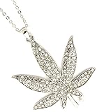 HOT Iced Out BLING Large Silver Tone Crystal Embellished Cannabis Marijuana Leaf Pendant Necklace