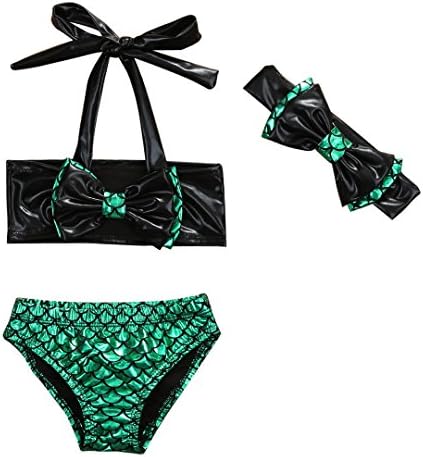 3Pcs Kids Baby Girls Bowknot Mermaid Bikini Set Top+Briefs+Headband Swimsuit (70(4-6M), Green)