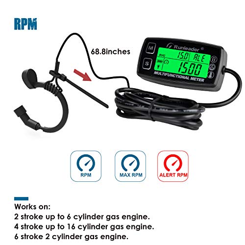 Runleader Digital Tachometer & Hour Meter With Temperature Gauge - RPM & Temp Alert For Small Engines