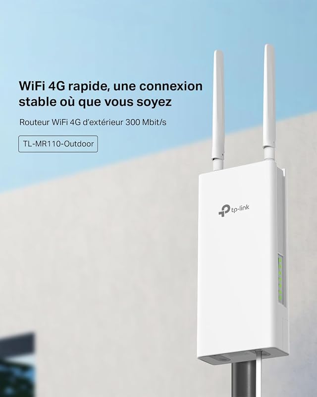TL-MR110-Outdoor Routeur 4G LTE jusqu'à 150 Mbps, WiFi 300 Mbps, Étanche IP65, WiFi N300, Antennes 4G Amovibles, Idéal Zones Rurales et Sites Distants, Plug & Play, sans Box, Montage Facile