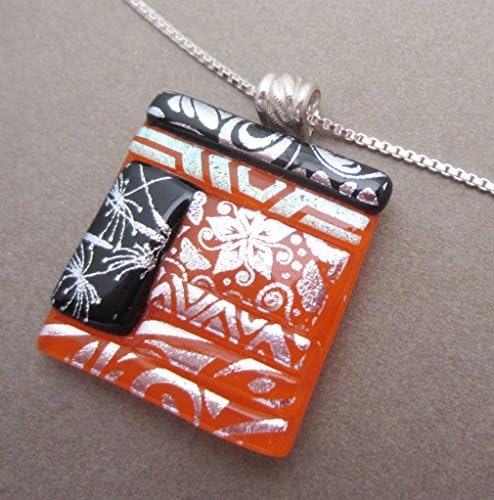 Sterling silver Box Chain and Bold 1" Silver orange Patchwork quilt fused dichroic glass pendant