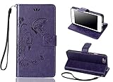 iPhone 6S Plus Case, Welity Vintage Butterfly Flip Folio PU Leather Kickstand Wallet Purse Case with Wristlet & Credit Card Slots Cash Holder for Apple iPhone 6 Plus (Purple)