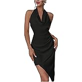 SOLY HUX Women's Halter Wedding Guest Dress Draped Cowl Neck Backless Wrap Asymmetrical Party Midi Dresses