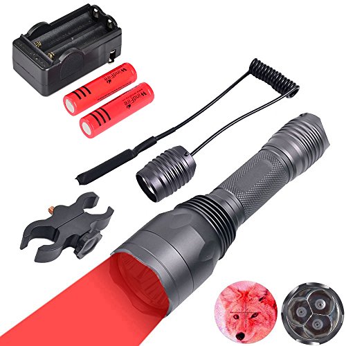 WINDFIRE S10 Predator Varmint Light Kit, 300 Yards 650 Lumen 3 Cree Red LED Long Range Hunting Gear Tactical Flashlight with Scope Mount, Pressure Switch, Spare Rechargeable Battery and Charger
