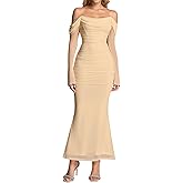 KUTUMAI Off Shoulder Long Sleeve Maxi Dress Corset Bodycon Ruched Cocktail Formal Wedding Guest Dresses for Women