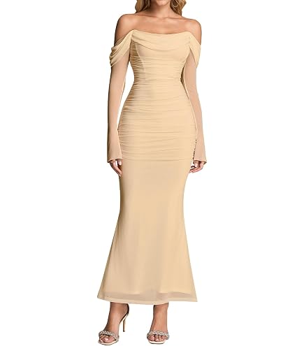 AFRM Women's Betty Off-Shoulder Long Sleeve Lace Ruffle Maxi Bodycon Dress, Buttercup, Small at Amazon Women's Clothing store