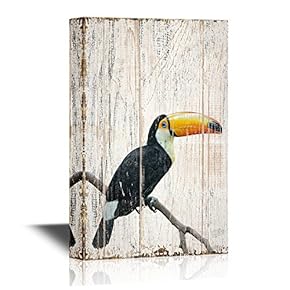 Birds and Poultry Canvas Wall Art - A Toucan Standing on The Tree Branch - Vintage Wood Style Giclee Print Gallery Wrap Modern Home Art | Ready to Hang - 12x18 inches