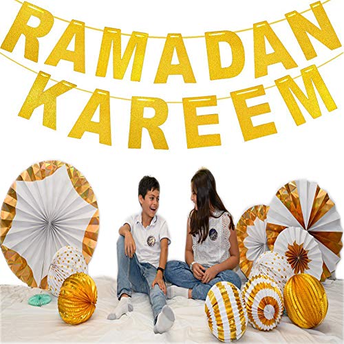 SLONLI Ramadan Decorations for Home Ramadan Kareem Banner with Gold Moon and Star Ramadan Decor for Eid Decorations Home Party Supplies