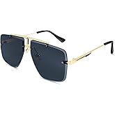 Rimless Oversized Square Sunglasses for Men Trendy Fashion Big Shades Tinted Lens Gold Metal Frameless Glasses UV400